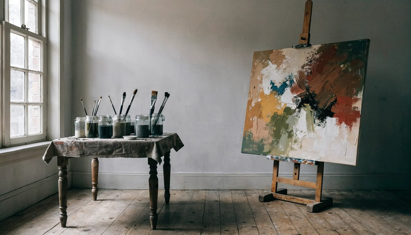 A daylit artist studio corner with a large unframed canvas on a wooden easel and a paint spattered table holding jars and brushes.