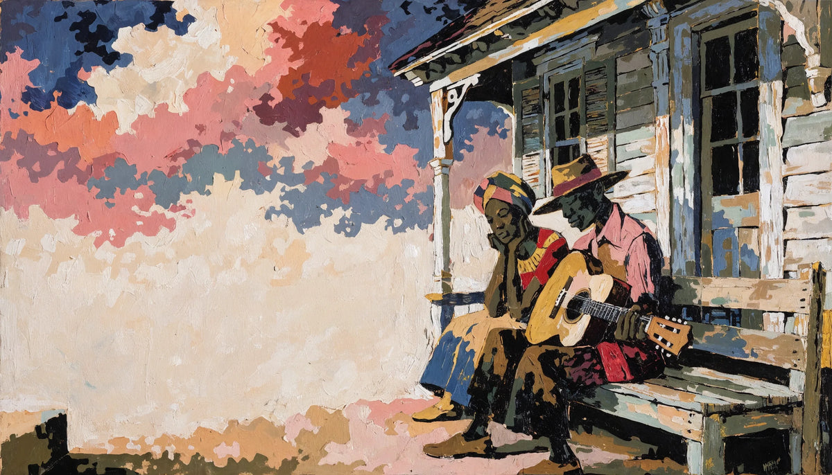 Black couple seated close on a porch bench at dusk with a guitar, painting on canvas, flat ochre, indigo and rose shapes
