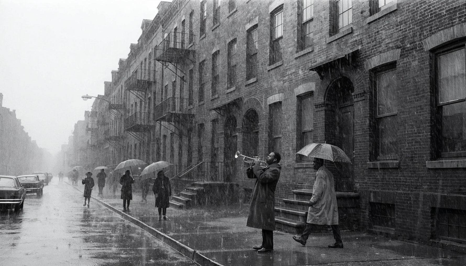 A documentary black-and-white photograph evoking 1960s-70s Black Arts Movement community life