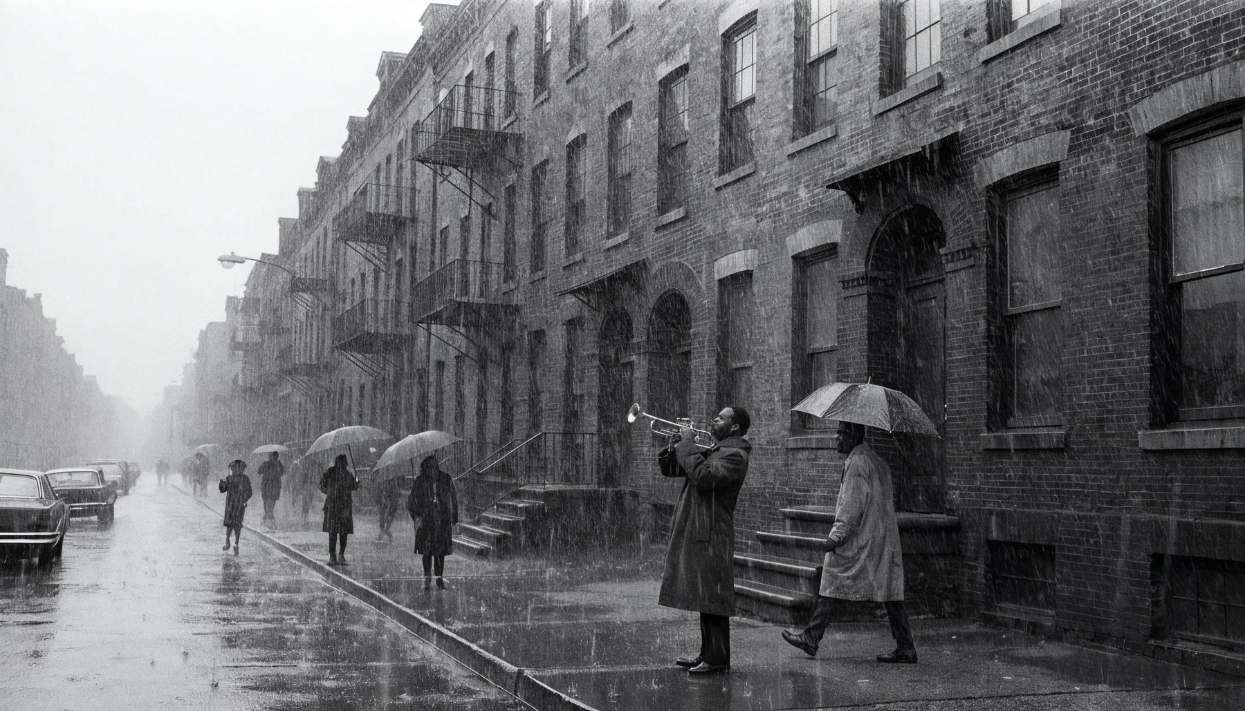 A documentary black-and-white photograph evoking 1960s-70s Black Arts Movement community life