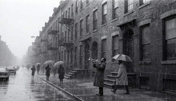 A documentary black-and-white photograph evoking 1960s-70s Black Arts Movement community life