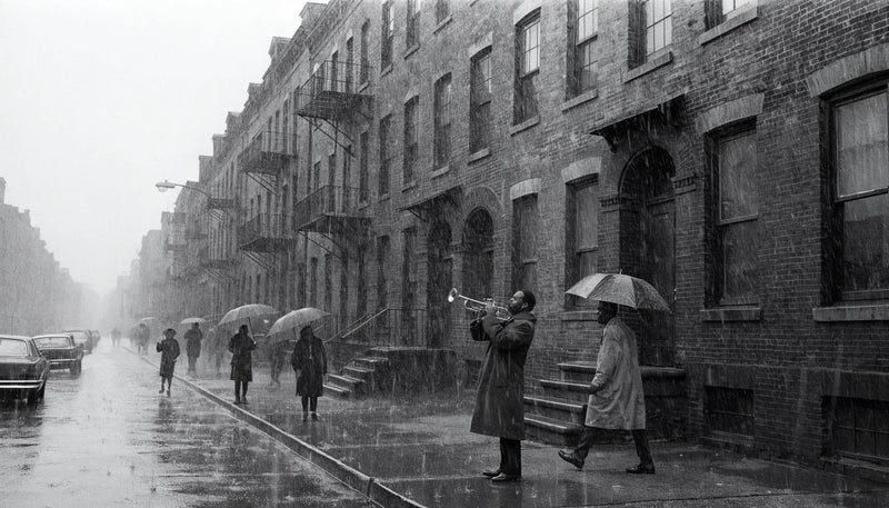 A documentary black-and-white photograph evoking 1960s-70s Black Arts Movement community life
