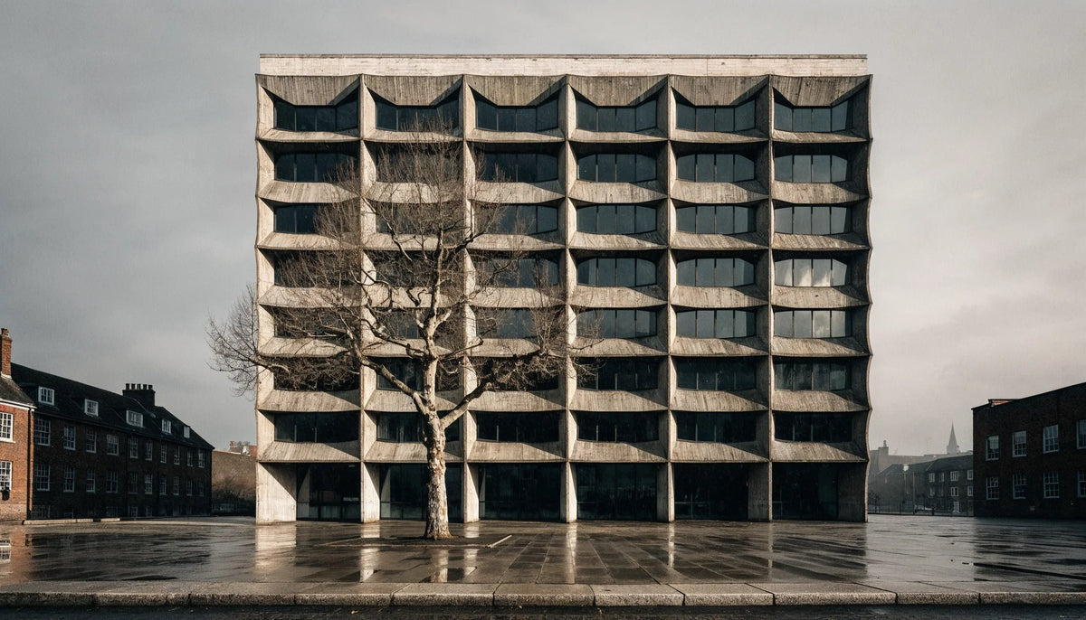 A tall Brutalist concrete art school building with board marked walls and recessed windows above a wet empty forecourt in grey light.