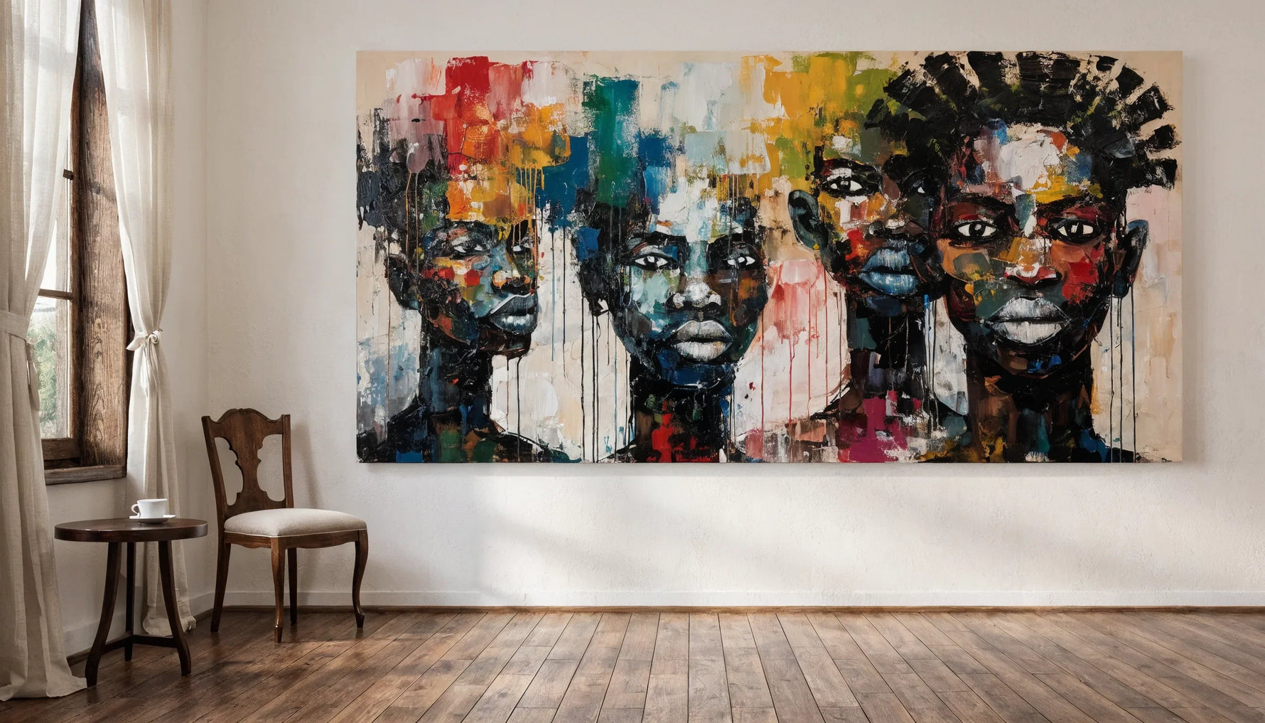 A warm room with an original Black figurative painting as the focal point on a clean wall.