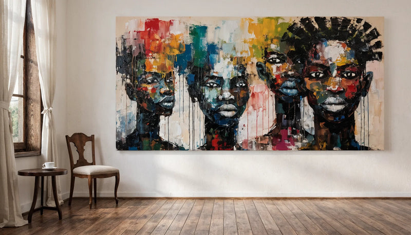 A warm room with an original Black figurative painting as the focal point on a clean wall.