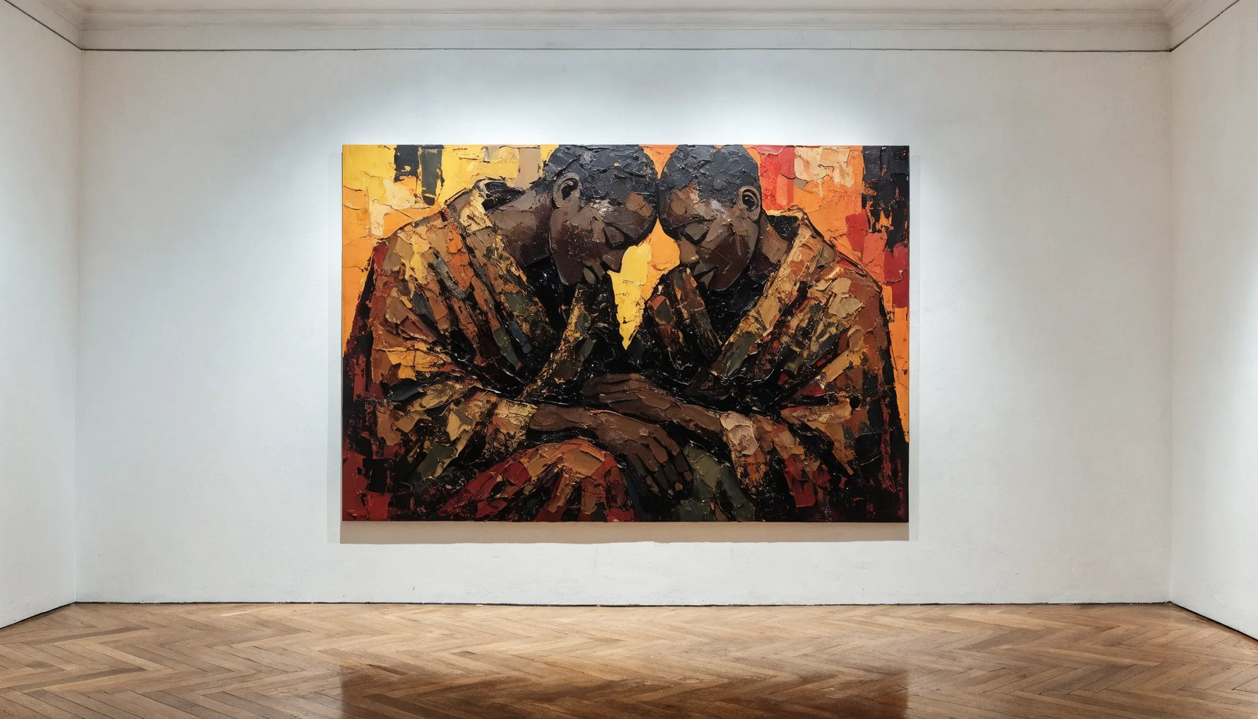 A minimalist gallery with an original tender Black-couple painting spotlit on a clean wall.