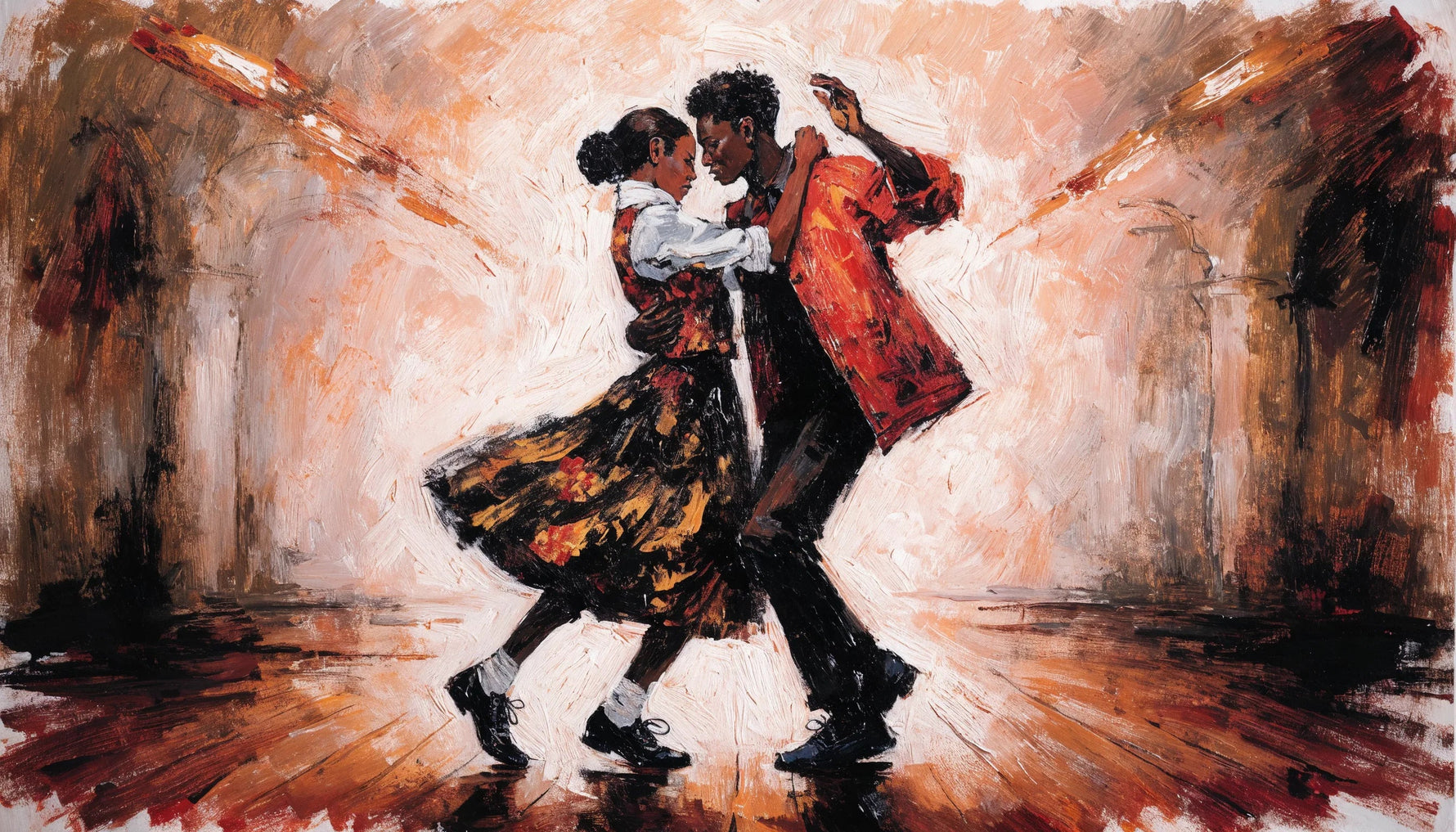 Painting of two people dancing close on a wooden floor under amber light, one arm raised mid turn, the room around them fading into warm brown.