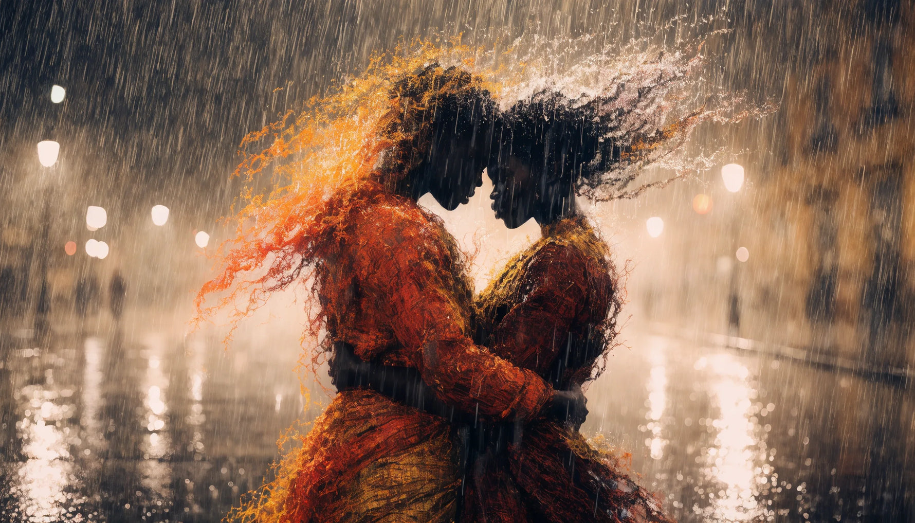 A tender original painterly scene of a Black couple embracing, warm bold palette, full frame.