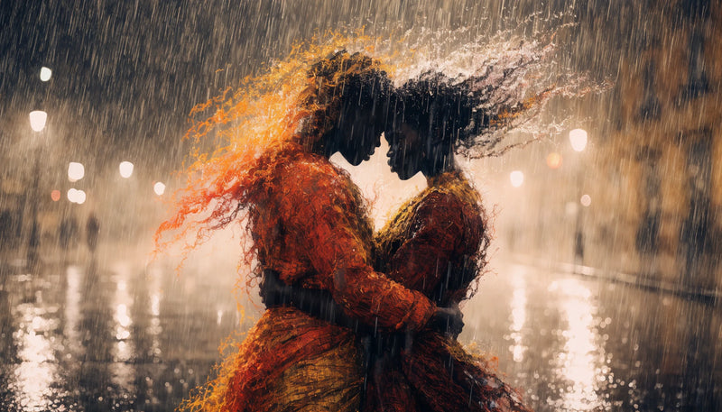 A tender original painterly scene of a Black couple embracing, warm bold palette, full frame.