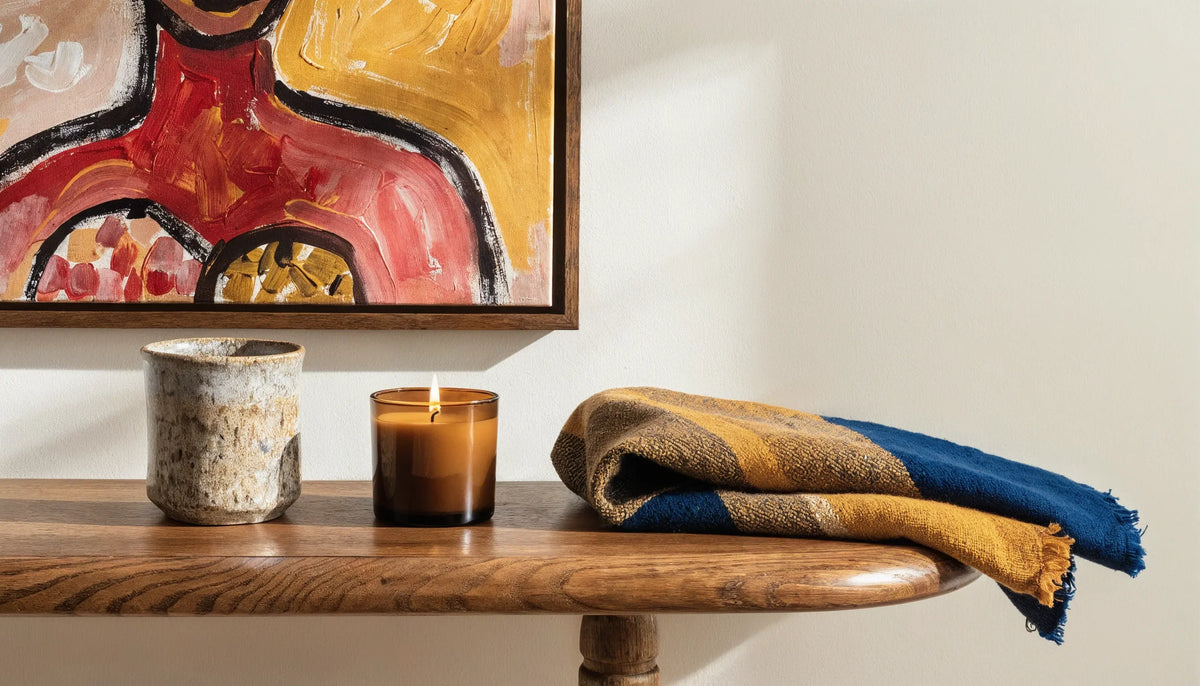 Stoneware mug, amber glass candle and striped handwoven throw beneath a framed abstract painting, walnut console styling, soft daylight