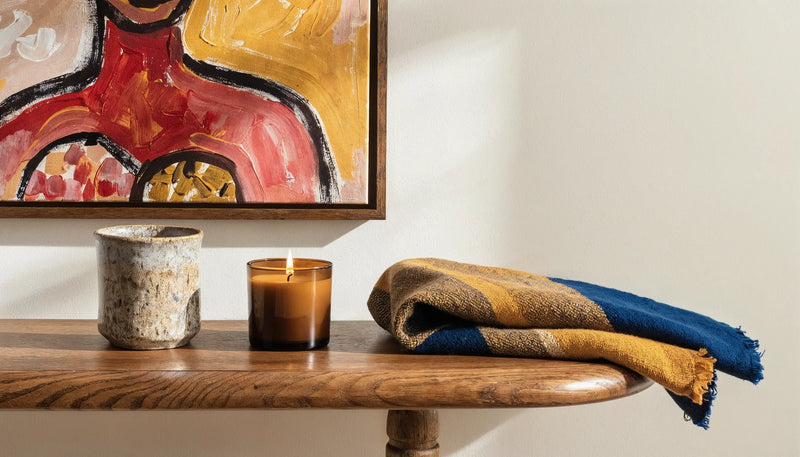 Stoneware mug, amber glass candle and striped handwoven throw beneath a framed abstract painting, walnut console styling, soft daylight