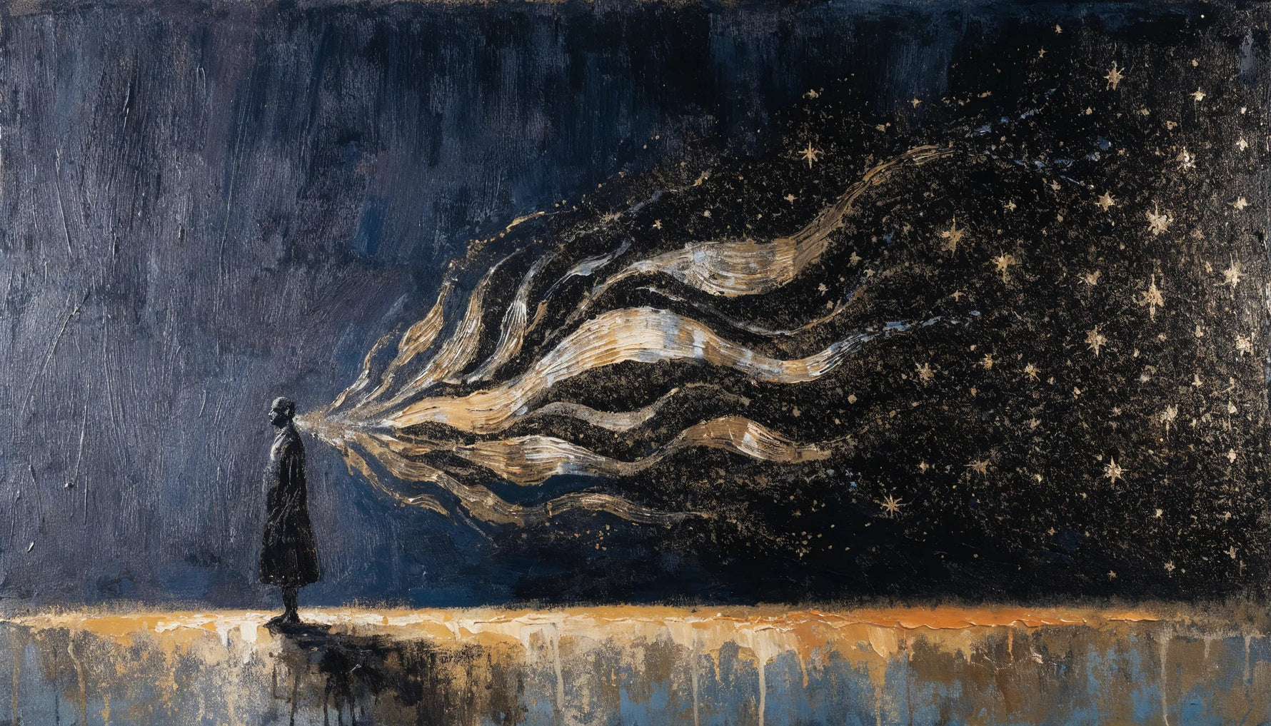 Painting of a Black figure in profile whose body opens into leaf and root shapes that scatter into gold stars across a deep indigo field.