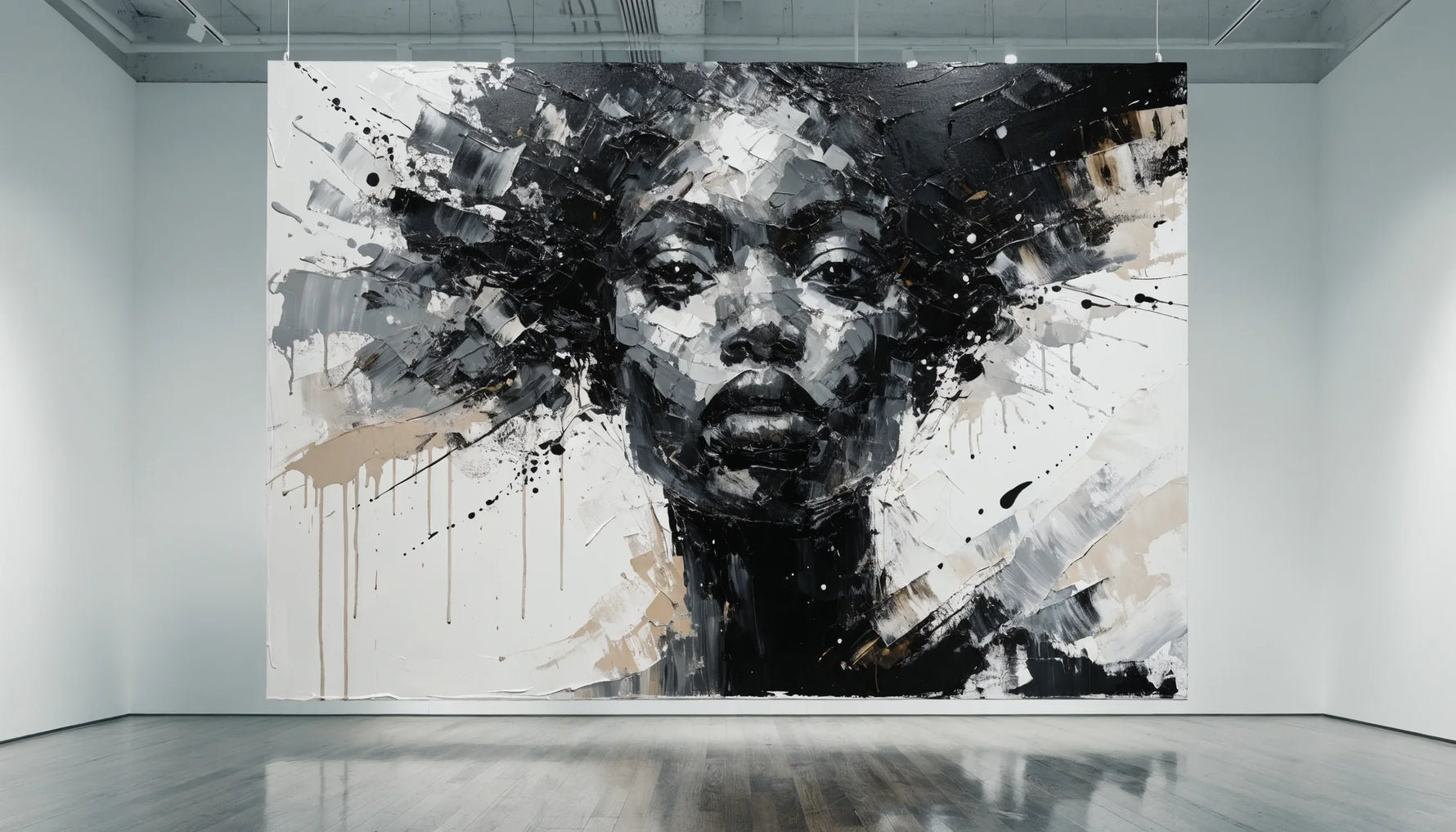 A single spotlit expressive painterly portrait of a Black woman on a minimalist gallery wall