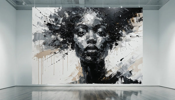 A single spotlit expressive painterly portrait of a Black woman on a minimalist gallery wall