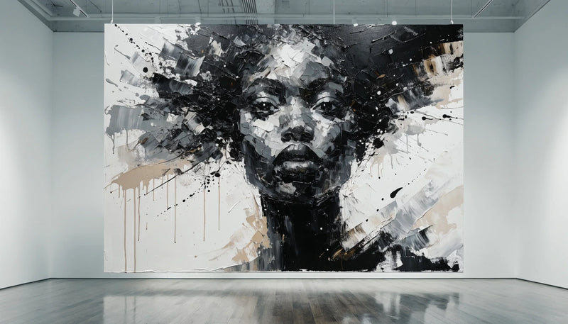 A single spotlit expressive painterly portrait of a Black woman on a minimalist gallery wall