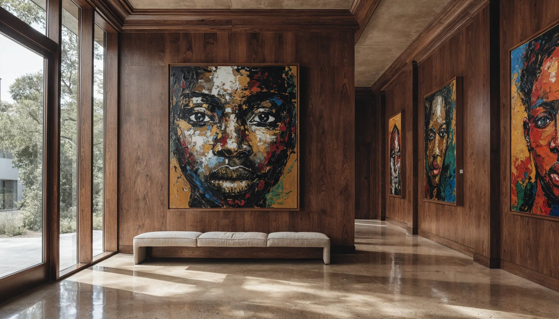 An office reception area with a tall wall holding one large anchor canvas, and matching framed pieces continuing down the corridor beyond it.