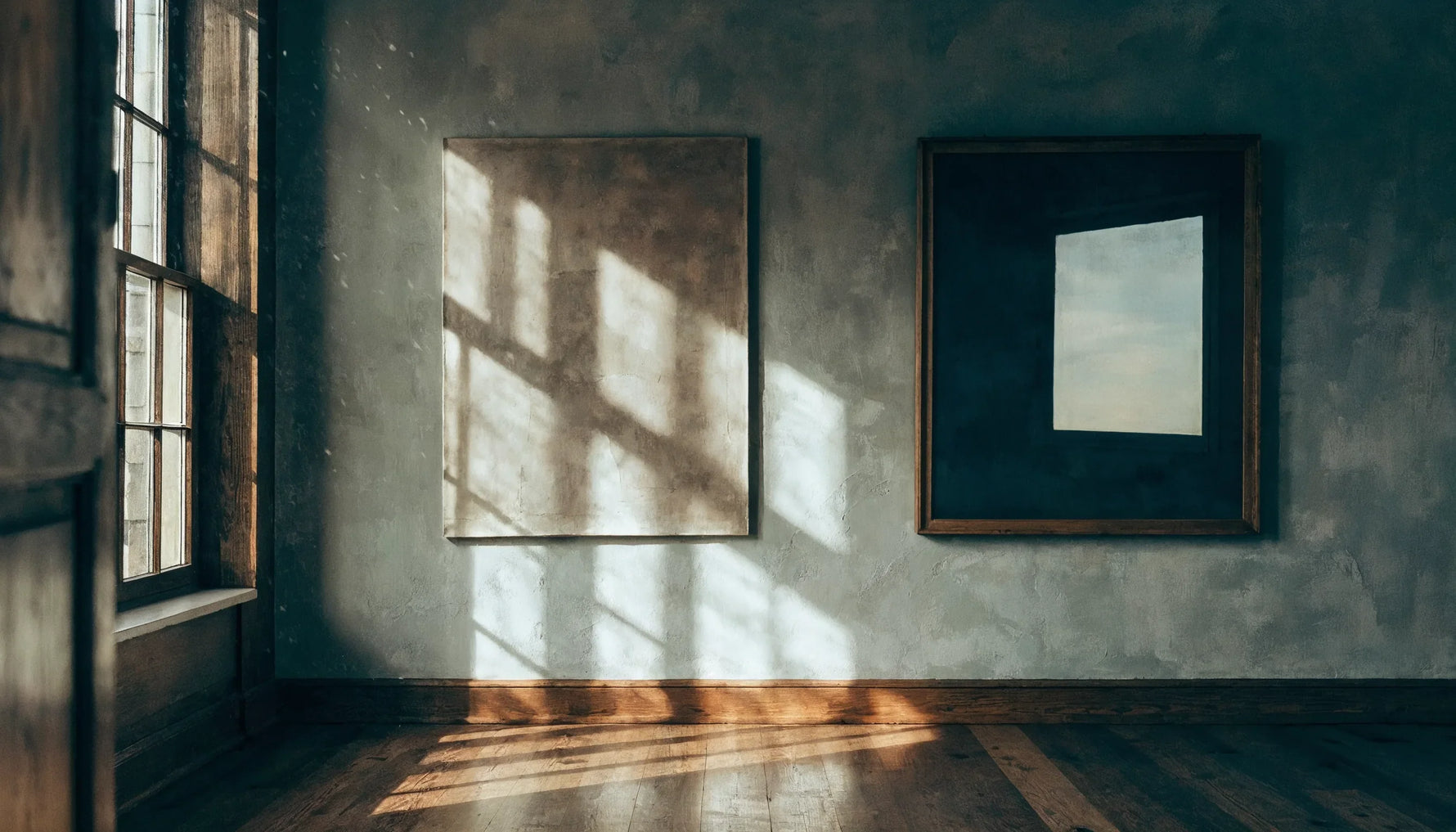 A living room wall with a bare canvas on the left catching soft light and a glass-fronted framed piece on the right showing a bright window reflection.