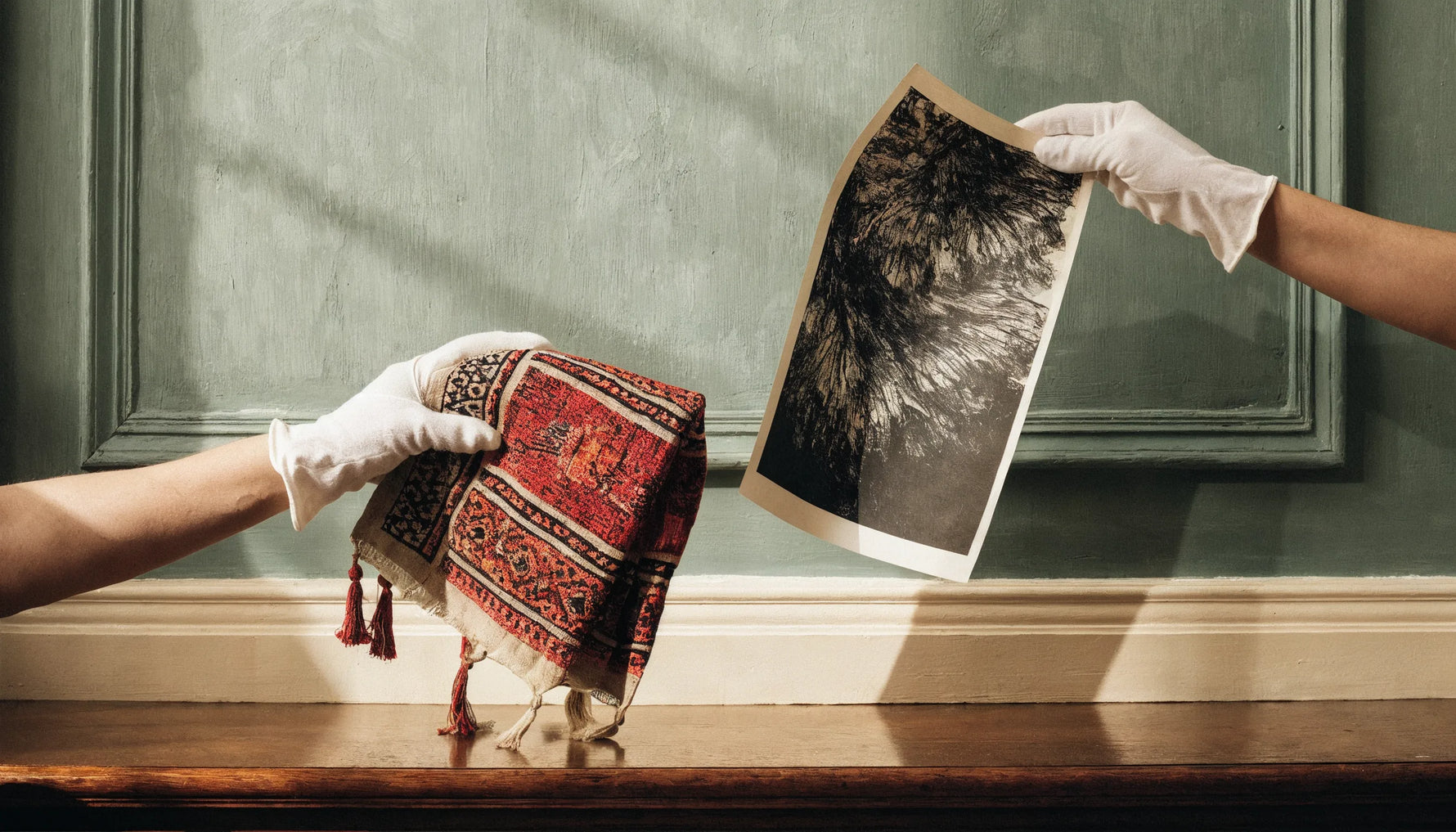 A Black-art print and a textile being gently handled with white cotton gloves in warm light, no face.