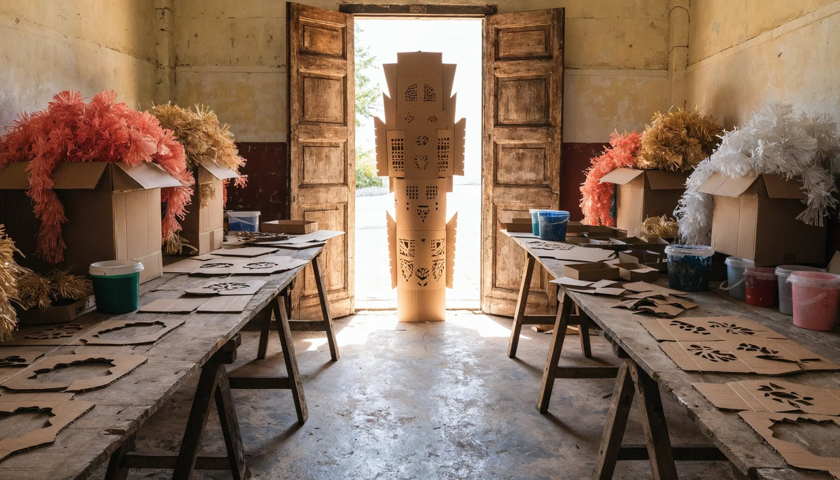 A masquerade costume workshop with cut cardboard shapes on tables, boxes of fringed crepe paper, and one tall unfinished headdress by a doorway.