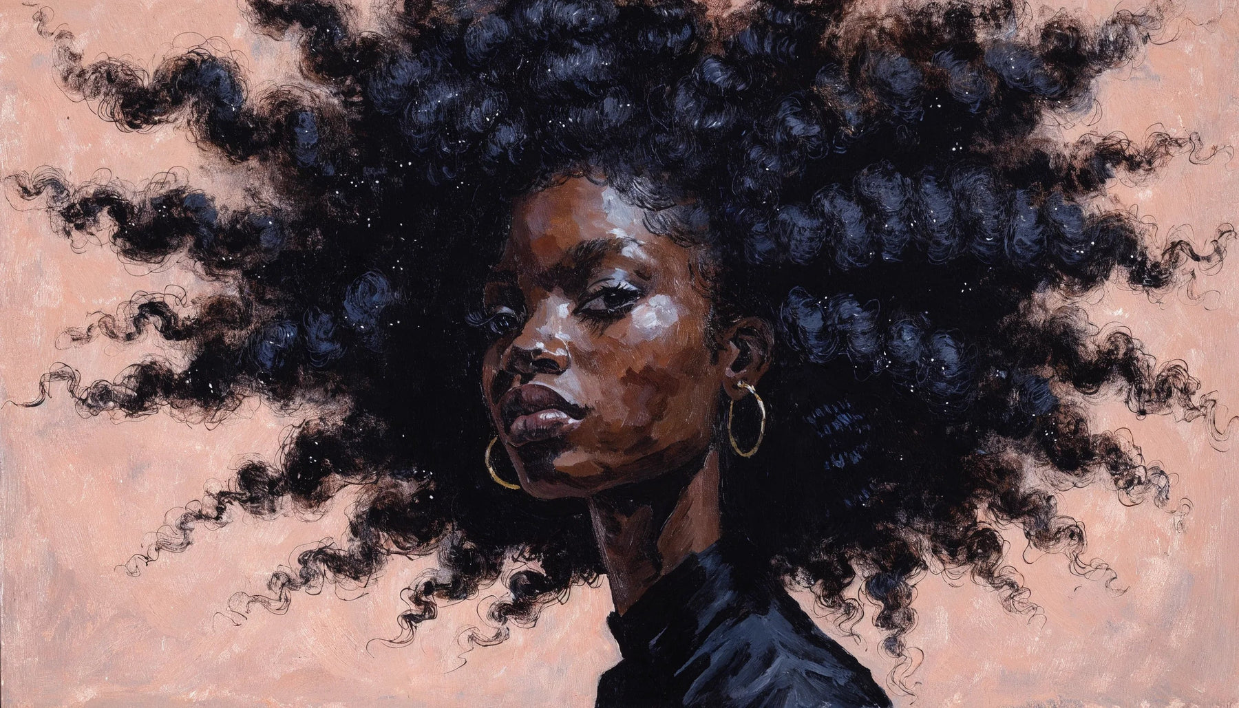 Painted three quarter portrait of a person whose coiled hair fills the top of the frame in separated curl clusters, set off center against a clay colored background.