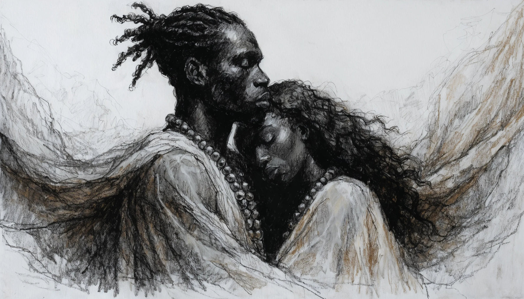 A dignified original charcoal and graphite-style drawing of a tender Black couple, classical and monumental, not a copy of any real work.