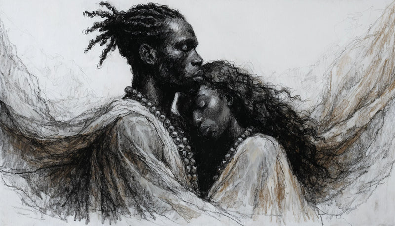 A dignified original charcoal and graphite-style drawing of a tender Black couple, classical and monumental, not a copy of any real work.