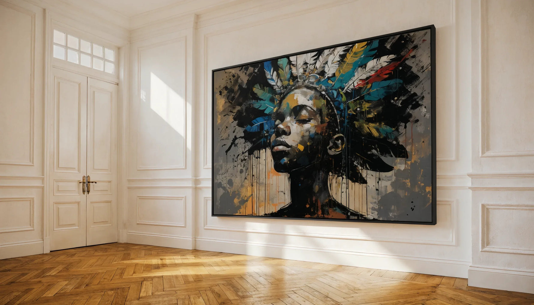 A bright home interior with one original Black-art canvas placed thoughtfully on a clean wall, minimalist.