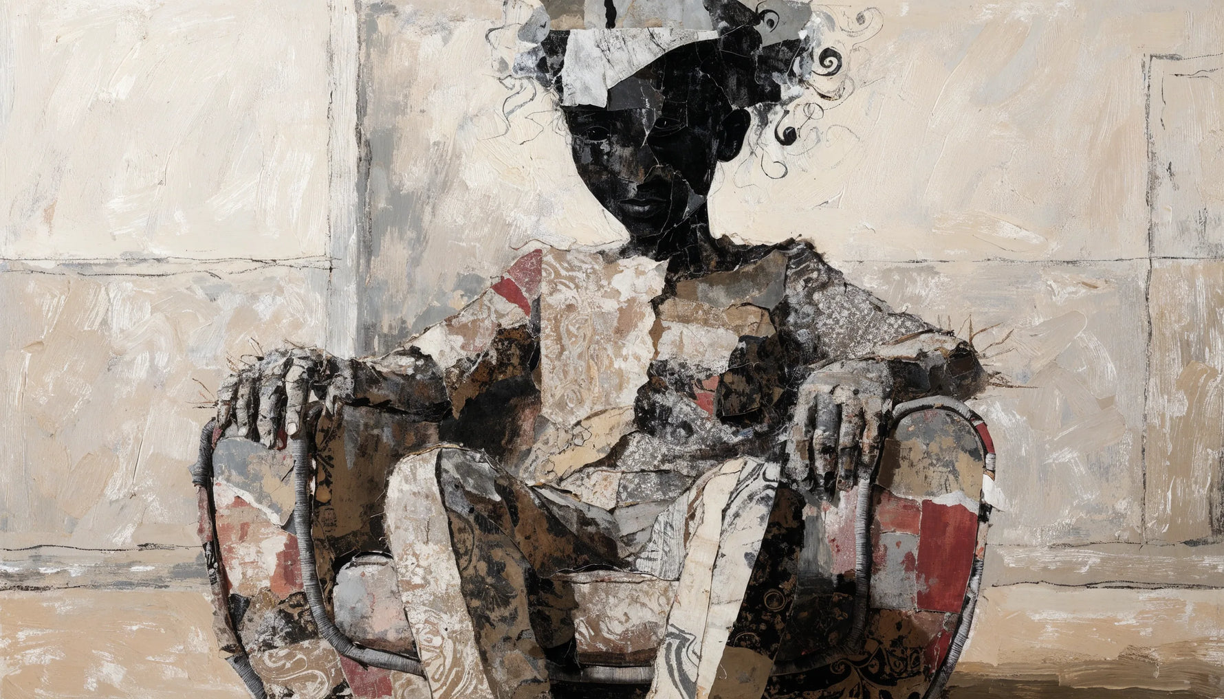 Paper collage of a seated figure and a simple room, assembled from torn paper and fabric pieces at mismatched scales.