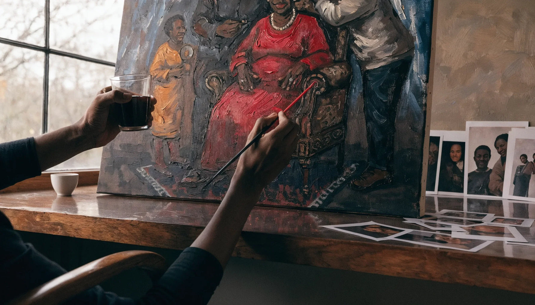 An artist's hands painting a commissioned family-story canvas in a warm studio with reference photos, no face.