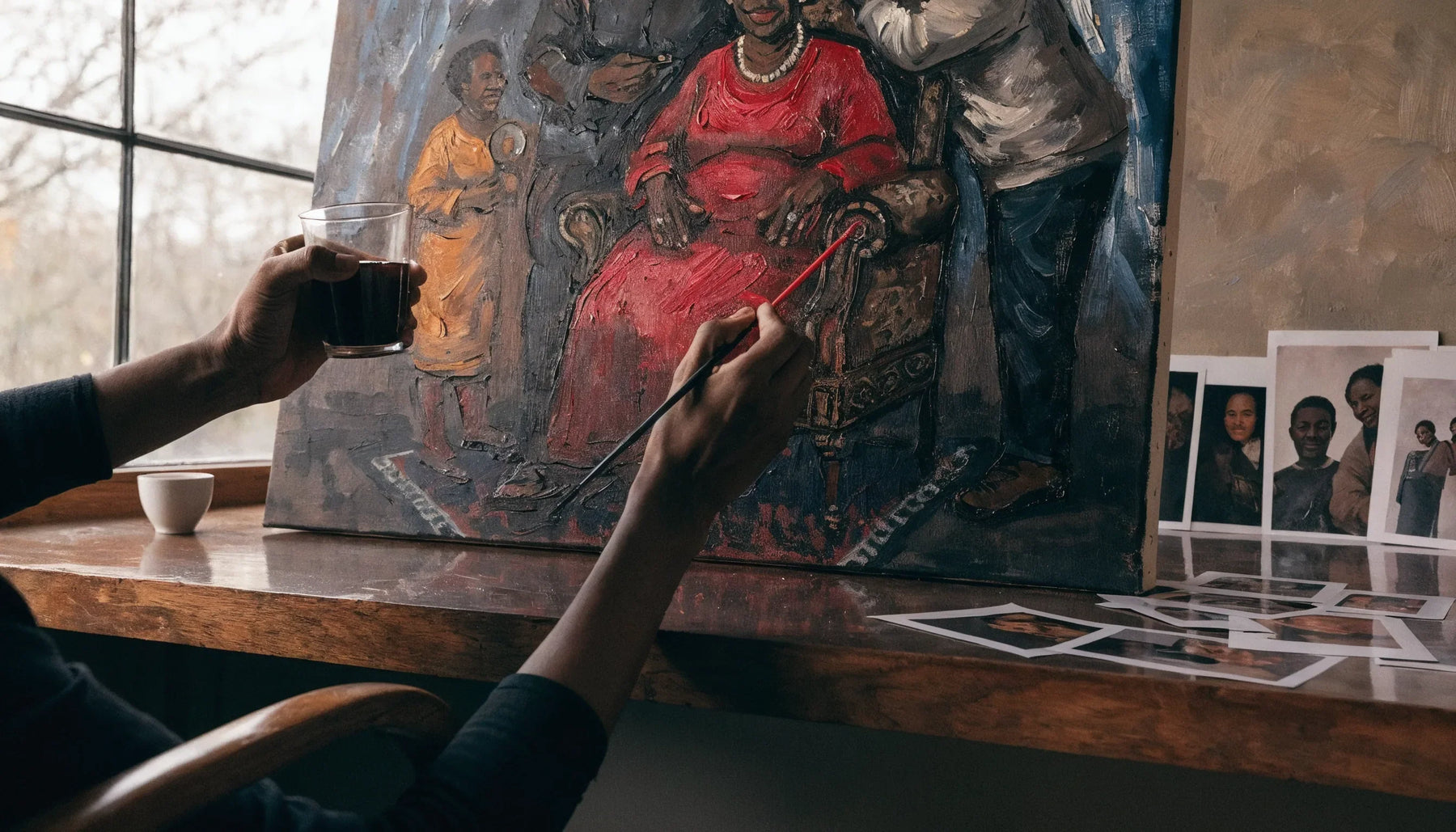 An artist's hands painting a commissioned family-story canvas in a warm studio with reference photos, no face.