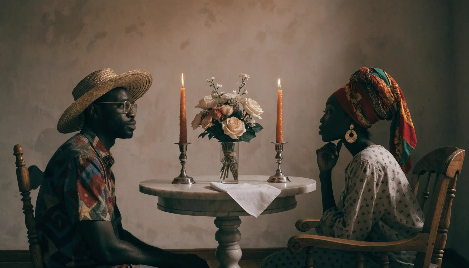 An intimate original painterly portrait of a Black couple at home in a warm domestic interior, not a photograph.