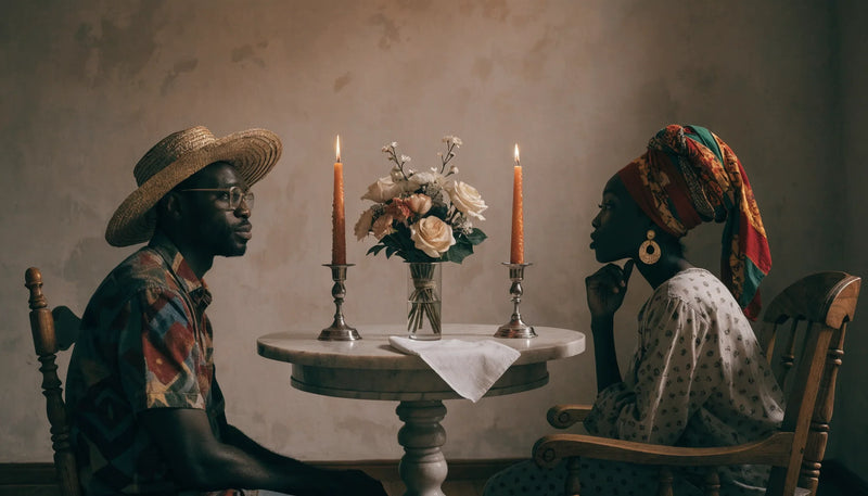 An intimate original painterly portrait of a Black couple at home in a warm domestic interior, not a photograph.