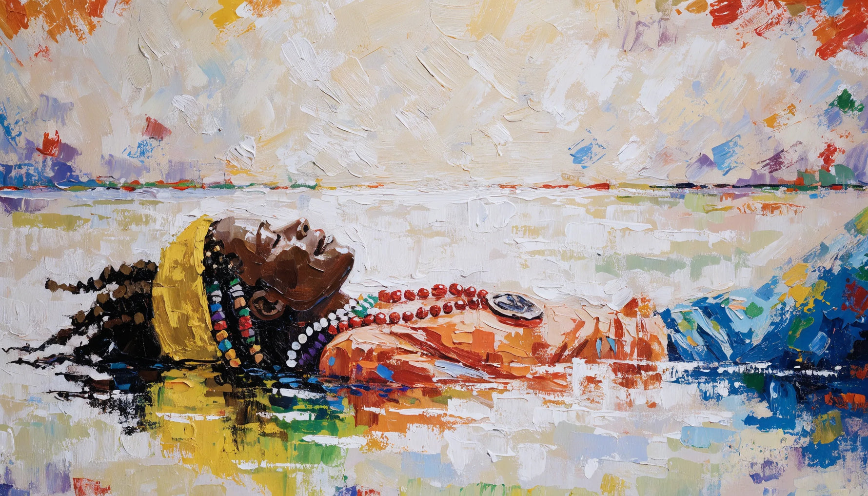 A joyful original painting of a Black person resting and floating on bright water, ease and leisure, bold color, not a copy of any real work.