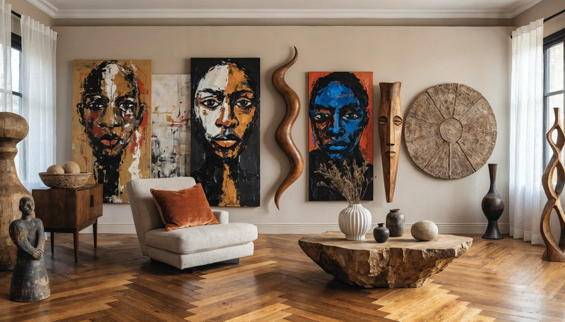 A warm living room displaying diverse African diaspora art cohesively on one wall, minimalist.