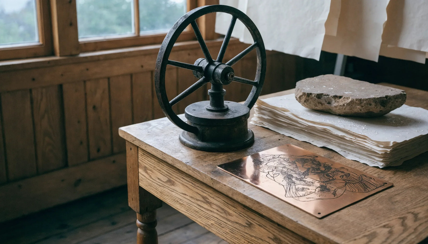 A printmaking studio bench with a cast iron press wheel, an inked plate, and a stack of paper