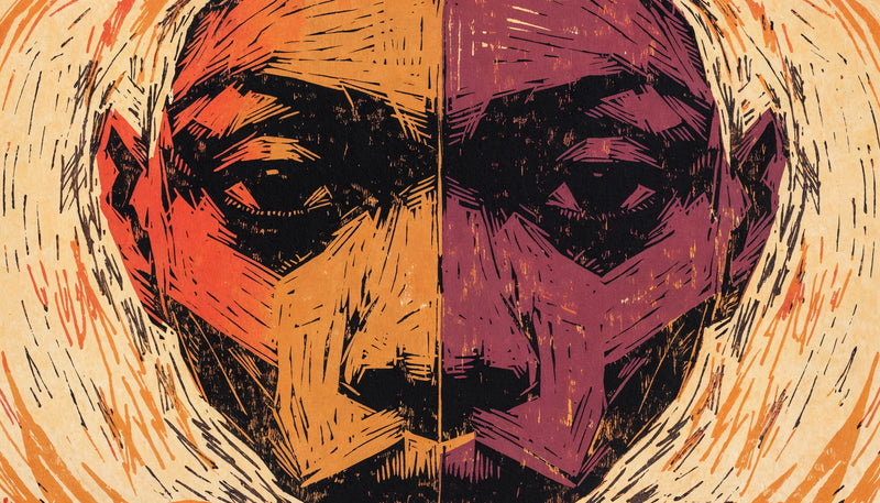 Relief print of a Black face in flat planes, split by a thin vertical seam, eyes looking straight out at the viewer
