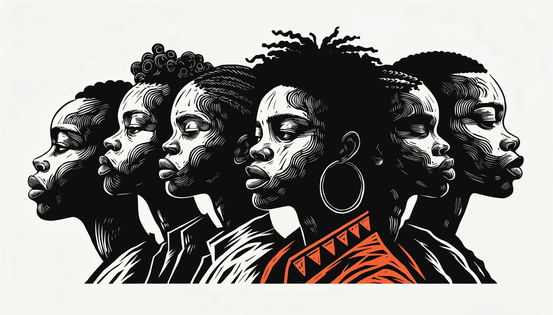 A bold horizontal linocut-style relief print of Black figures in black and white with a warm accent