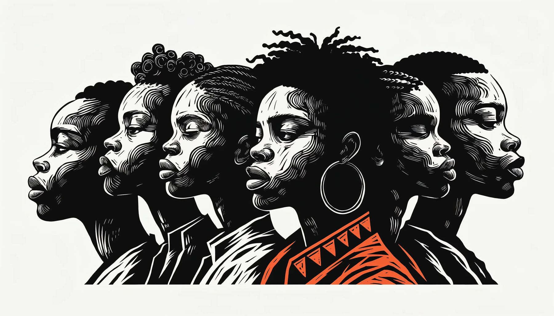 A bold horizontal linocut-style relief print of Black figures in black and white with a warm accent