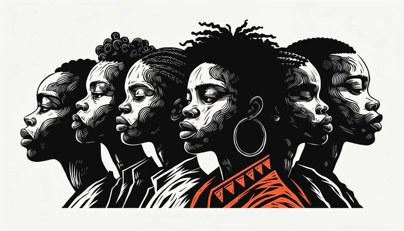 A bold horizontal linocut-style relief print of Black figures in black and white with a warm accent