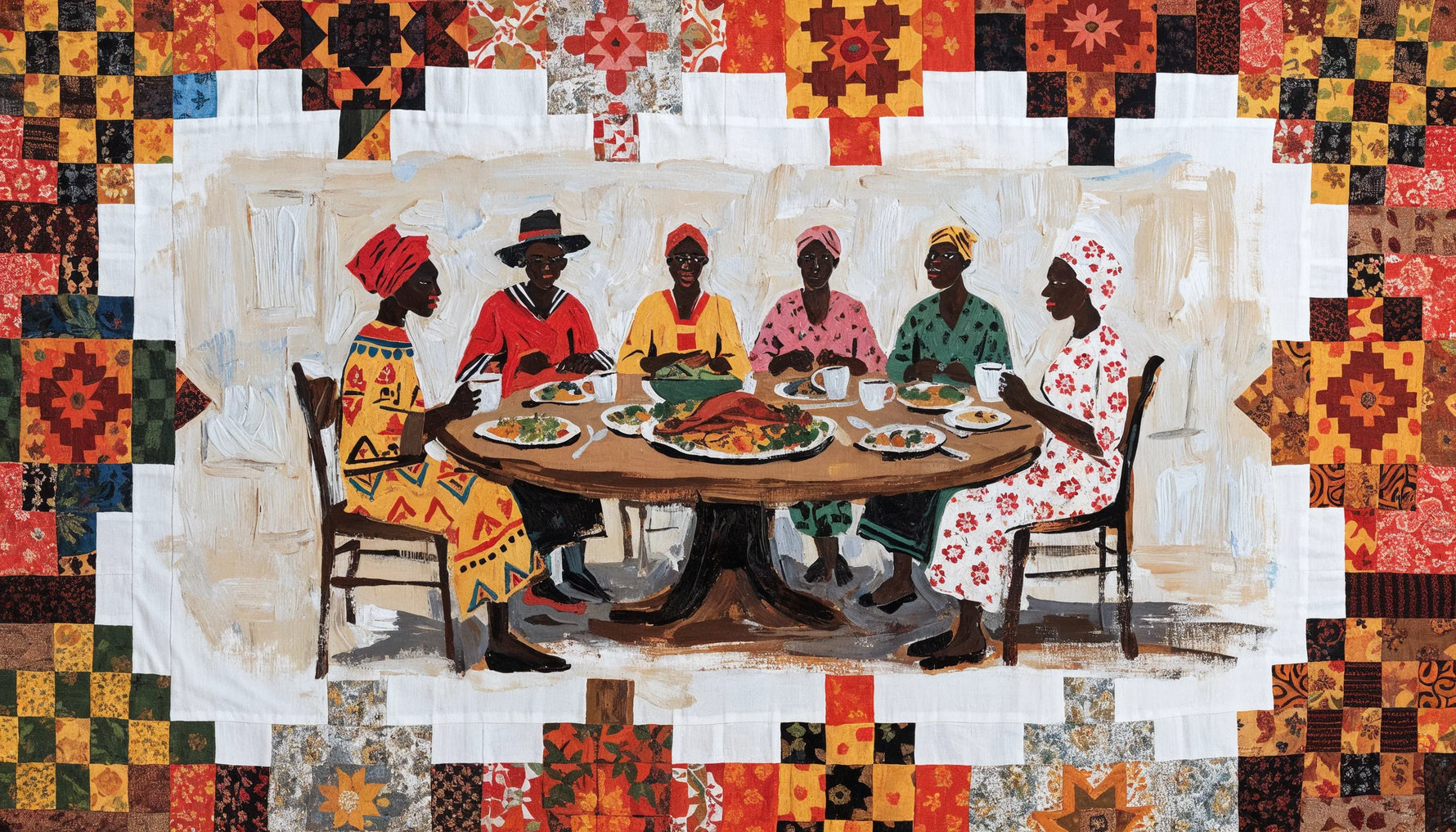 Story quilt with a painted scene of people gathered around a supper table, framed by pieced bands of patterned fabric.