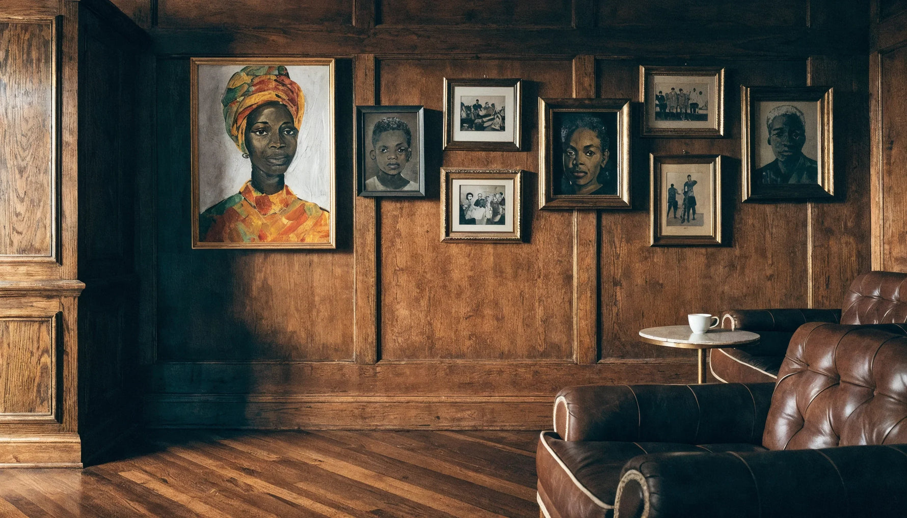 A family archive wall mixing framed original Black-art and vintage family photographs, warm home light.