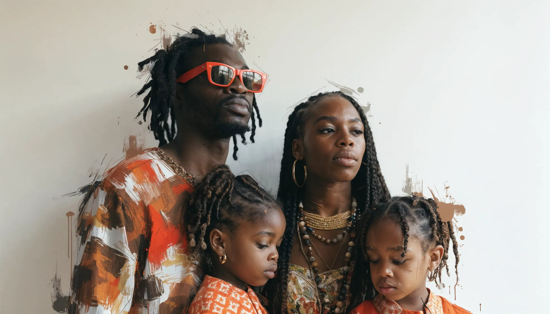 An original expressive painterly portrait of a Black family together, dignified and specific, on a clean wall.
