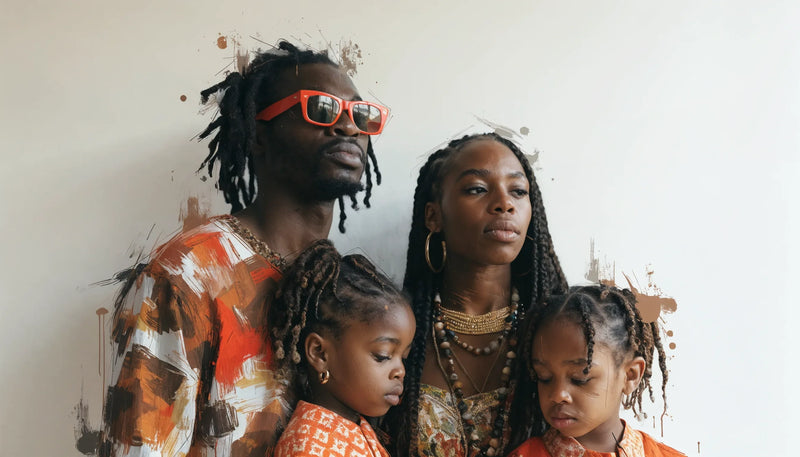 An original expressive painterly portrait of a Black family together, dignified and specific, on a clean wall.