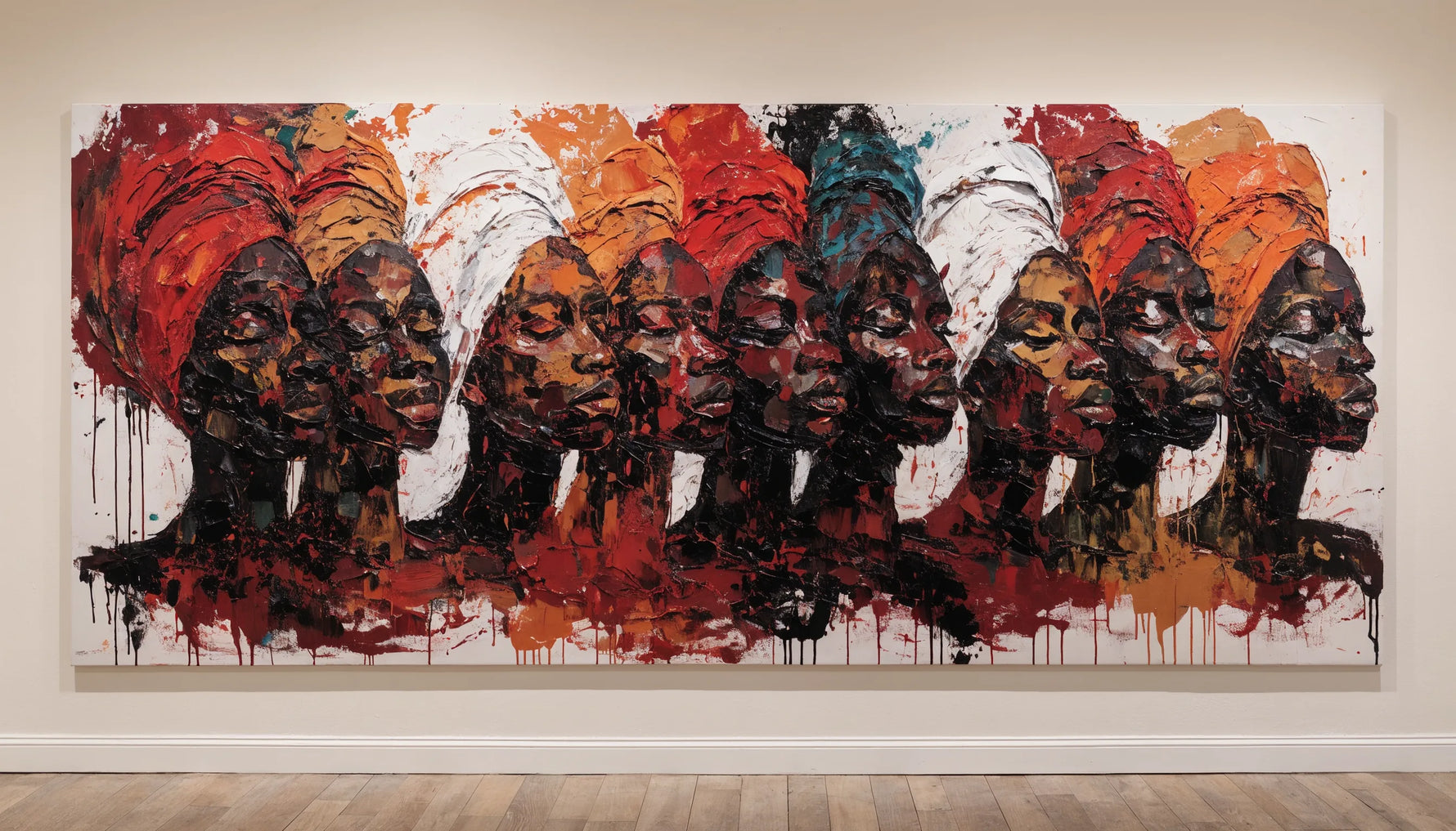 A minimalist gallery wall with one large original painting celebrating African American cultural heritage, clean wall, generous space.