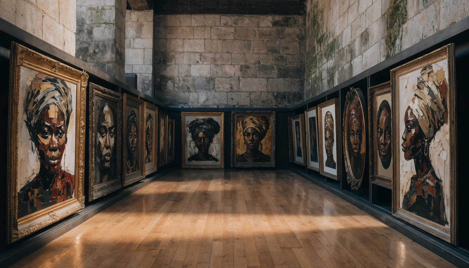 Museum art-storage room with framed paintings of Black subjects pulled into the light