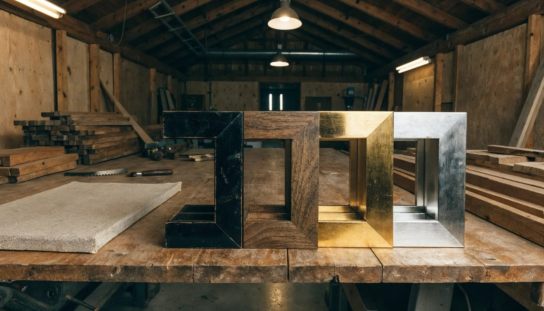 Four float frame corner samples in black, walnut, gold and silver laid in a row on a framing workshop bench beside a stretched canvas.