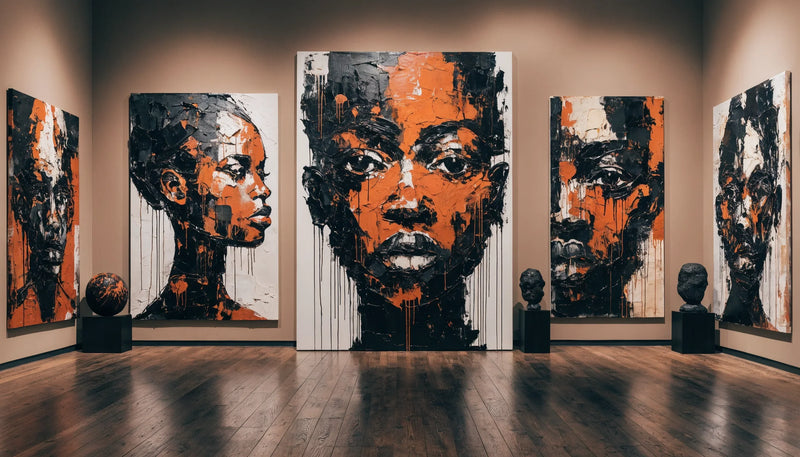 A cohesive gallery wall of original Black-art works arranged with care on a warm wall.