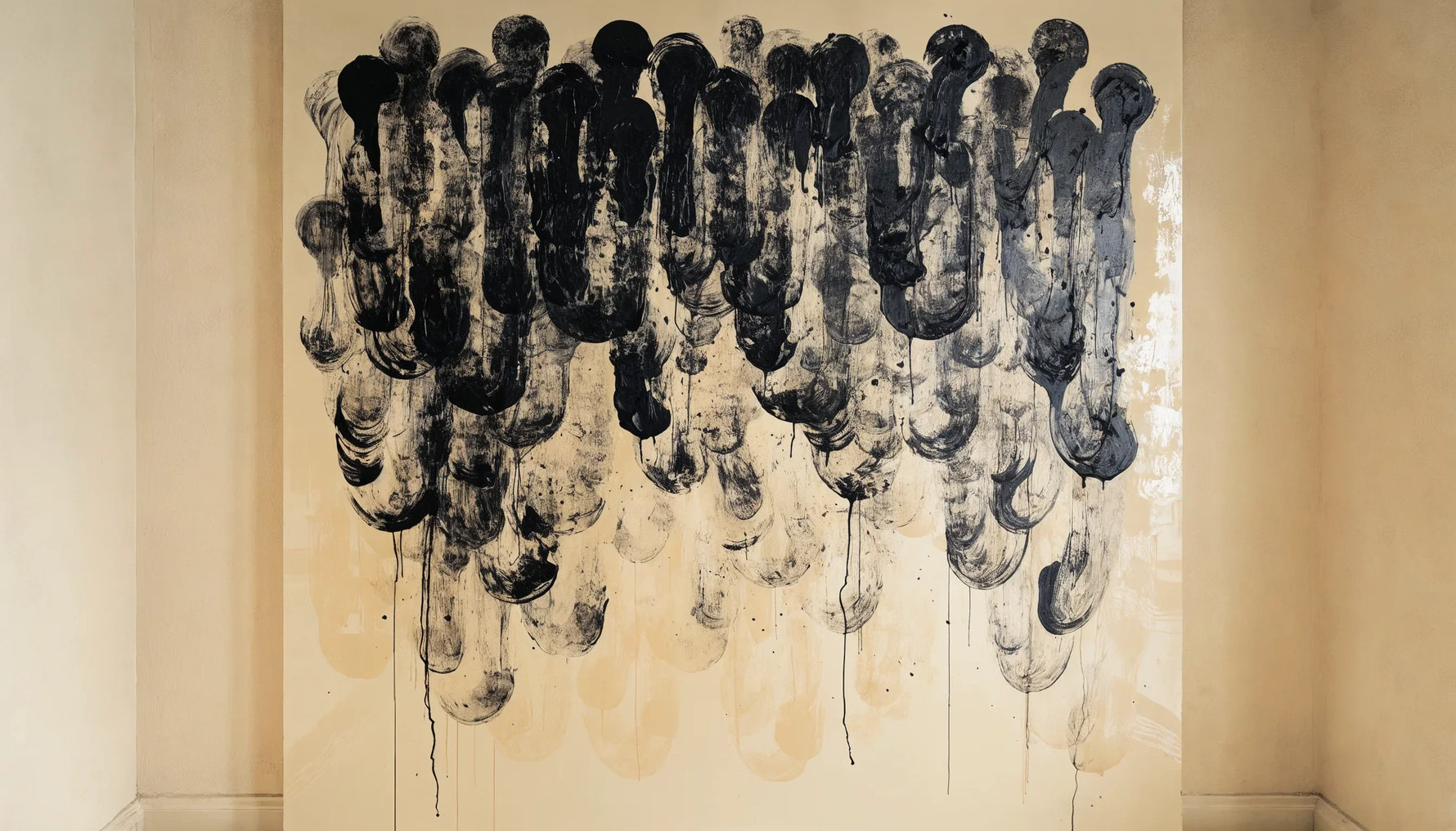 An original conceptual artwork of layered smudged black stenciled marks fading down a pale panel, abstract and text-like but with no legible words, not a copy of any real work.
