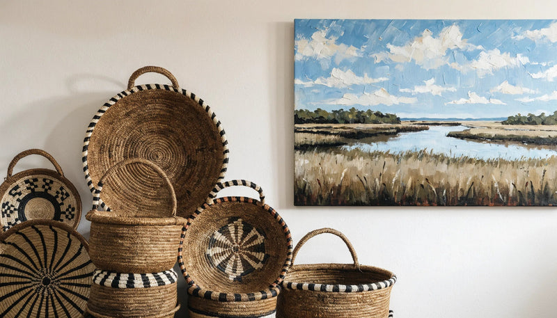Coiled sweetgrass baskets and a painterly Lowcountry marsh canvas on a warm gallery wall.