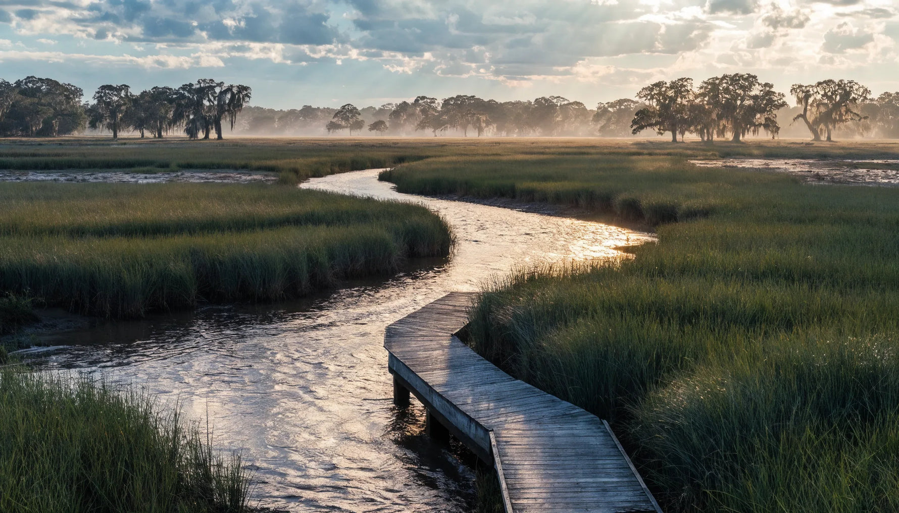 Golden-hour salt marsh in the South Carolina Lowcountry with a winding tidal creek, weathered wooden dock, and live oaks draped in Spanish moss